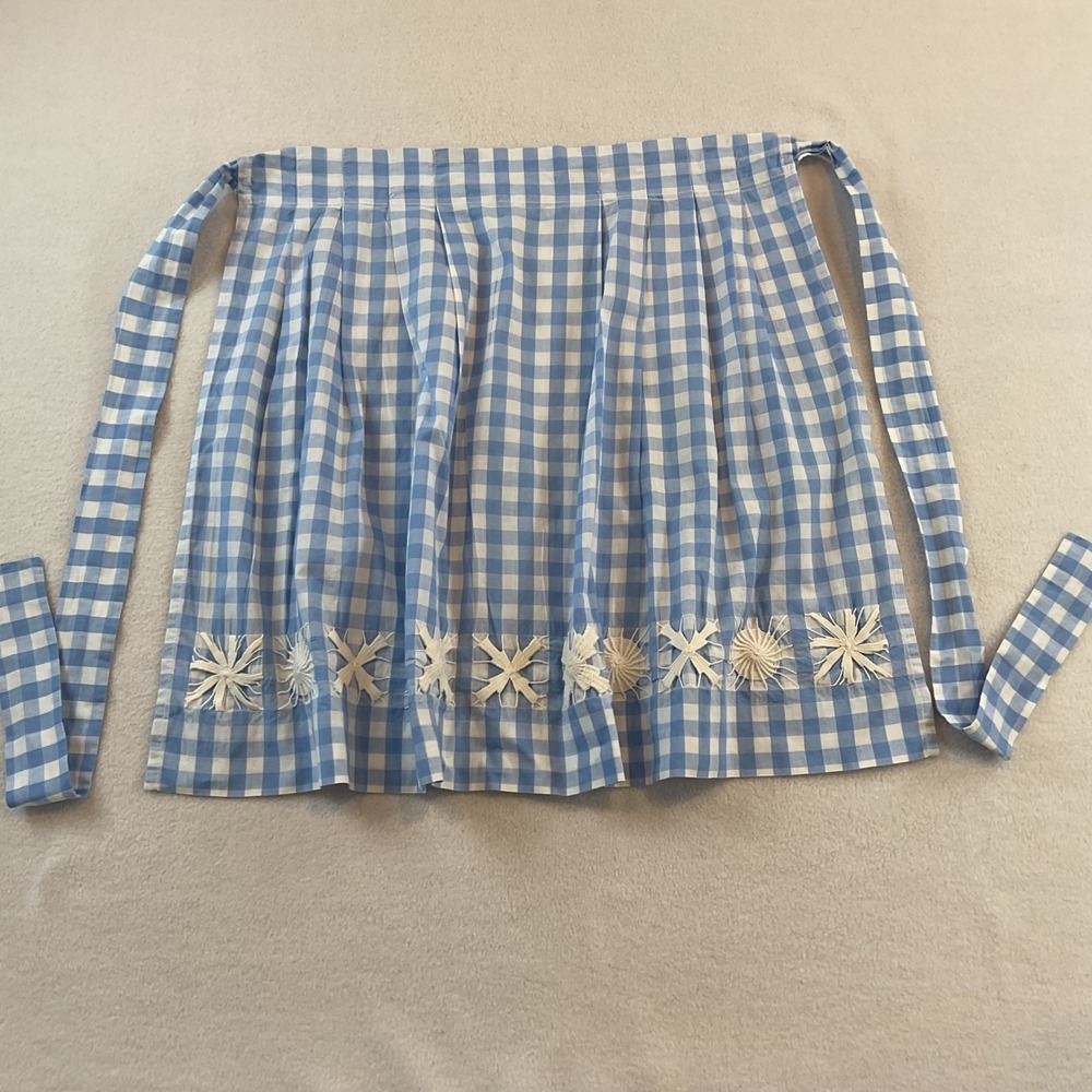 Vintage Handmade Blue Gingham Half Apron Chicken Scratch Embroidery Pleated